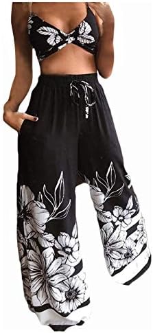 Форвели женски облеки со две парчиња поставуваат симпатична пеперутка печатена ками врвови+панталони со долги широки нозе костуми летна