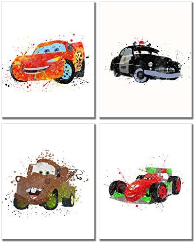 Автомобили Акварел отпечатоци - сет од 4 wallидни уметности декор деца фотографии од спална соба Молња МекКвин Турка Матер Франческо Бернули
