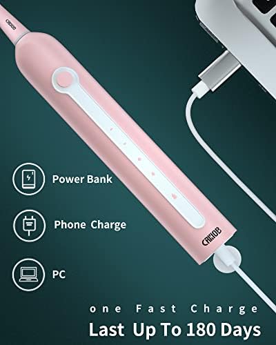 Crkiob Електрична четка за заби за возрасни ултразвучни четки за заби за полнење со едно полнење за 180 дена користете со 8 глави на
