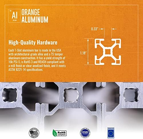 30-милиметарска Т-слот-квадратна патека од портокалова алуминиум, 4-еднострани шини со алуминиум, 48 инчи, чиста анодизирана