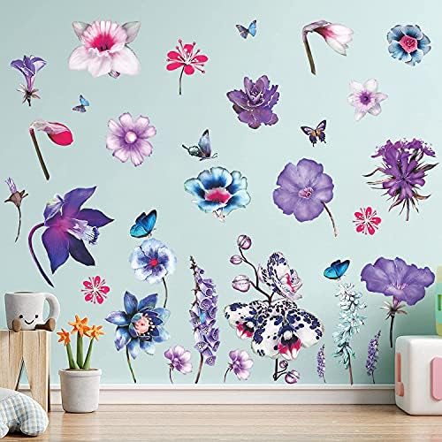 Отстранливи Цвеќиња Пеперутка Ѕидни Налепници Виолетова Сина Цветни Ѕидни Налепници САМ Отстранлив Акварел Божур Роза Праска Орхидеи Растителни