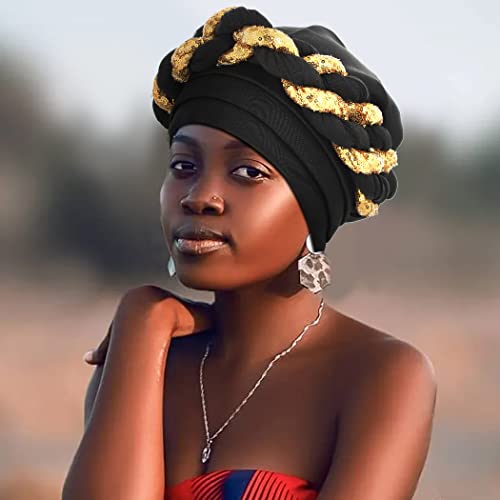 Sequins африкански турбан црна пред-врзана глава за глава за глава капаче за капакот на главата за глава за жени