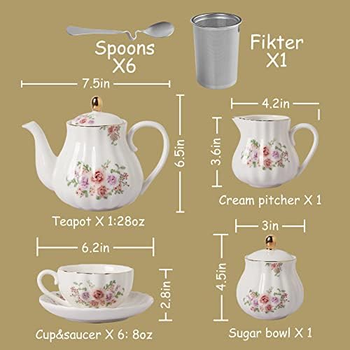 Порцелански чај поставува британски кралски серии, 8 мл чаши и чистач за чинија за 6, со чајници за крем за крем за чад од чаша и чај,