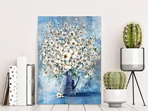 yiijeah BALY Wallид декор платно отпечатоци од цветна уметност бела и сина слика за украси во спална соба, врамени за канцеларија