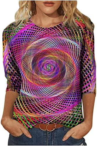 Маица за жени 3Д графички маички со оптички илузии 3/4 ракав маичка Туника врвови трендовски класичен пулвер блузи