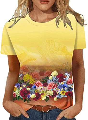 Тинејџерски девојки Обични маички со кратки ракави врвови маици на екипажот на вратот, цветни графички лабави вклопени летни есенски маици