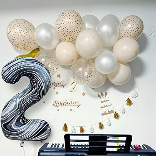 Број 2 балони 40 инчи големи црно -бели ленти со два балон за 2 -годишни роденденски украси црни агатни мермерни броеви 2 -та