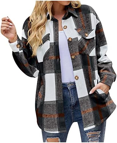 Јакна за кошула за жени плус големина четкана карирана јакна од шахта, лекално копче за лаптоп, блуза од мешавина од волна со џебови