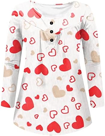 Womenенски срцев туника врвот за носење со хеланки симпатична графичка маица копче up v вратот со долги ракави маички со маички Хенли