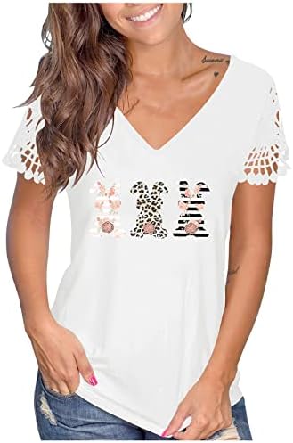 Велигденски ден печатени блузи за жени Кропчиња чипка краток ракав против вратот лабави врвови летни плетени кошули за хеланки
