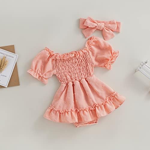 Бебе девојче пукаше ромпер фустан гроздобер фустани меур, симпатична летна облека облека со лента за глава