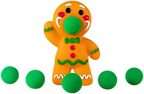 Hog Wild Holiday Holiday Gingerbread Man Popper Toy - пукајте топки од пена до 20 -тина - напојувана од воздух, стискајте до поп - подарок