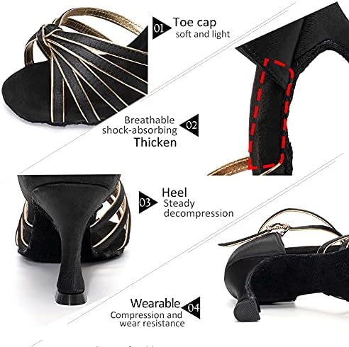 Dkенсим женски сатен латински танцувачки чевли Професионална салса салса вежбање перформанси за танцување чевли, N217-црна+злато-7, САД