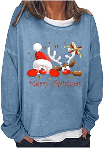 Oversенски преголеми џемпери со долги ракави со долги ракави, џемпер на вратот, обичен среќен Божиќ, симпатична ирваси, пулвер, врвот