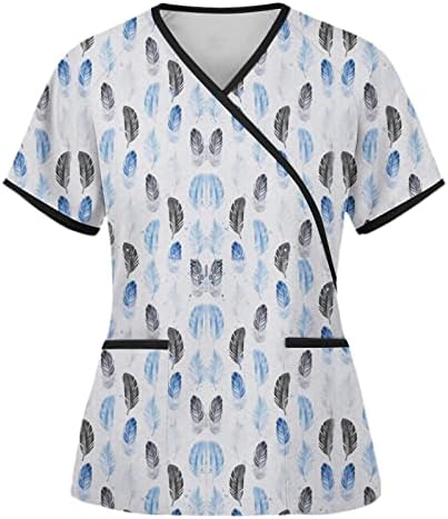 Блузи За Женска Мода Пердув Печатени Чистење Краток Ракав Врвот V - Вратот Тренингот Маица Печатени Со Блуза Џебови Туники