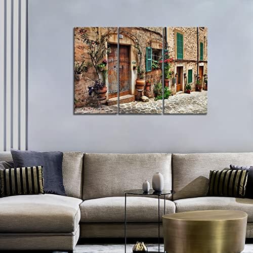 Прва wallидна уметност - 3 панели wallидни уметнички улици на стари медитерански градови цветни врата прозорци Сликање на сликата на платно