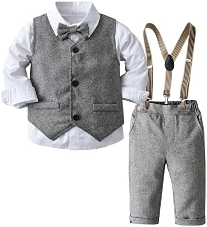 Салниер дете облечен костум за облека за бебиња за момчиња, комплети за кошули со лак, панталони 4 парчиња џентлмен облеки костуми