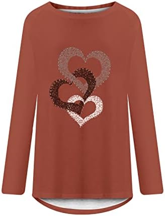 Денот на в Valentубените жени плус големина Туника на врвови за хеланки сјајно срцево печатење на екипаж со долги ракави, блуза за кошула