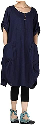 Женски ленен кошула фустан Туника Туника Краток ракав на вратот лабав Harajuku цврсти естетски фустани за жени гроздобер миди фустан