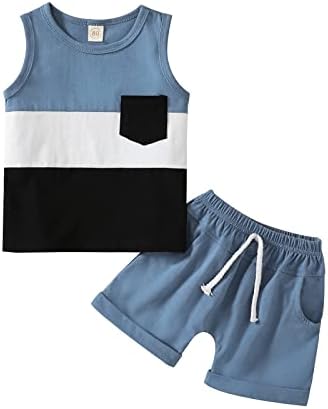Адхсун дете бебе момче облека облека во боја блок без ракави врвови+ обични шорцеви летни облеки поставени