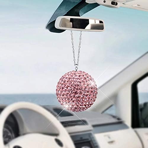 Додатоци за огледало со розови автомобили за женски девојки огледало декор розова кристална топка за автомобил заден поглед на огледало шарм виси