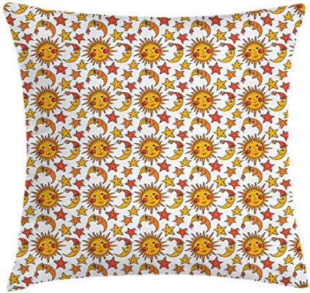 Зачудувачки покривка за перница за перница од сонце, тематска повторувачка шема со сонце и starsвезди, декоративен квадратен акцент на перница,