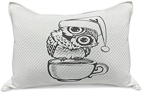 Амбезон Оул печати плетена ватенка перница, птица со санта шапка седи на чаша за кафе утрински вибрации, стандарден капак за перница со големина