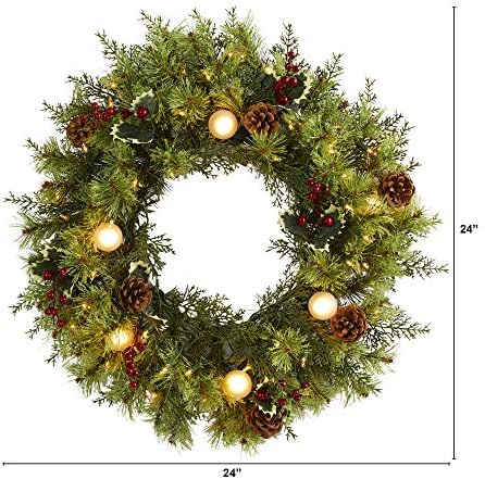 Речиси Природни 24 во. Божиќен Вештачки Венец со 50 Бели Топли Светла, 7 Светилки, Бобинки И Борови Шишарки, Зелена Боја