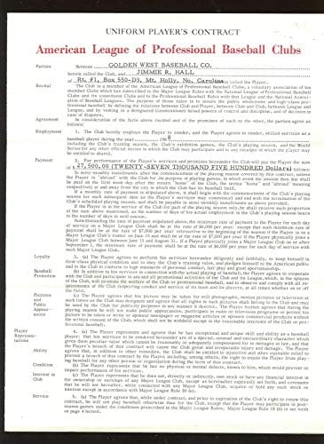 Оригинални 1968 Калифорнија Ангели Потпишаа Играчи Договор Џими Хол-МЛБ Намалување На Потписи