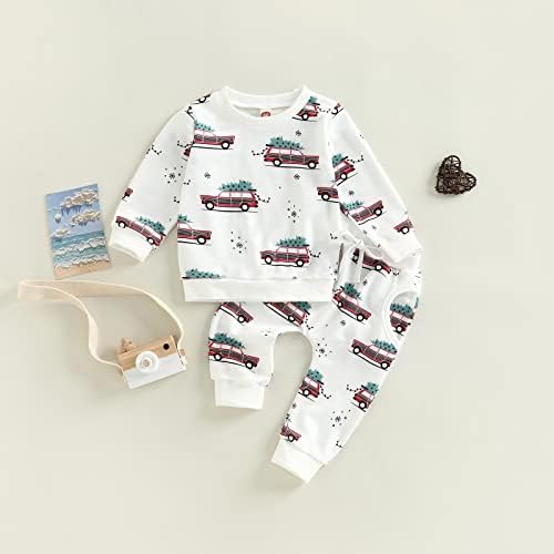 Детето бебе момче девојче Божиќна облека за автомобили печати долг ракав пулвер врвови долги панталони за новороденчиња Божиќни облеки