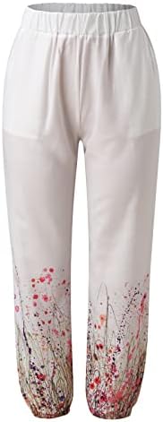 Постелни палацо панталони за жени цветни печати лабава фитинг каприс панталони еластични половини летни обични лабави панталони со џебови