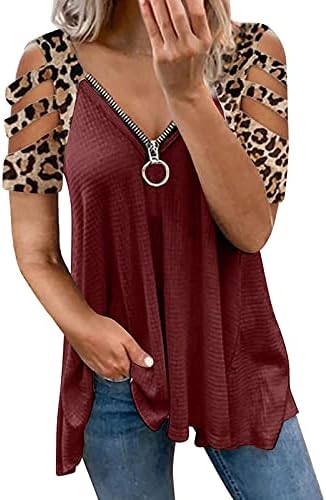 Студените блузи на жените на рамото, zip v v вратот леопард печати кратки ракави летни обични маици врвови