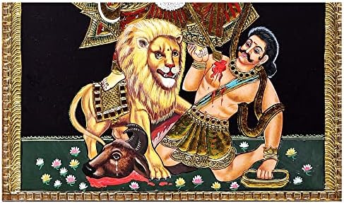 Егзотична Индија 21 x 27 Mahishasura-mardini десет вооружени Дурга Танјоре Сликање | Традиционални бои со 24к злато |