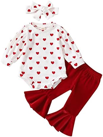 Доенче девојче девојче Ден на вinesубените Ден на облека Слатко срце Печати со долги ракави ромпер врвови+црвени кадифени панталони за панталони