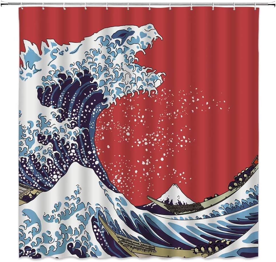 Јапонски Големи Бранови Туш Завеса Сина Гроздобер Јапонски Хокусаи Голем Бран На Канагава Океански Брод Планината Фуџи Ретро Црвена