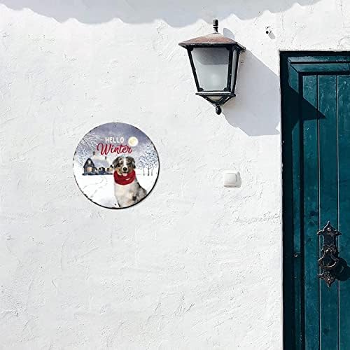 Надворешен среќен Божиќен знак здраво зимска снежна куќа куче тркалезна метална калај знак Божиќ виси украси излитени метални знаци