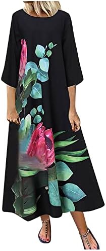 Женски цветни печати со три четвртини ракави проточна забава макси фустани лабави облеки за одмор