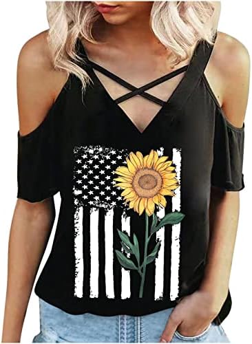 Женски V врат крцкав ладно рамо врвови на кратки ракави сончогледи Анерично знаме на графички маица за независност Ден маица