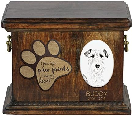 Уметност Куче Оод. Фокс Териер, урна за кучешка пепел со керамичка плоча и опис