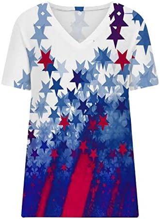 Teen Girl Colorblock 4 -ти јули starвездени маички за печатење v квадратни врат блузи кошула со кратки ракави маици за бранч 2023