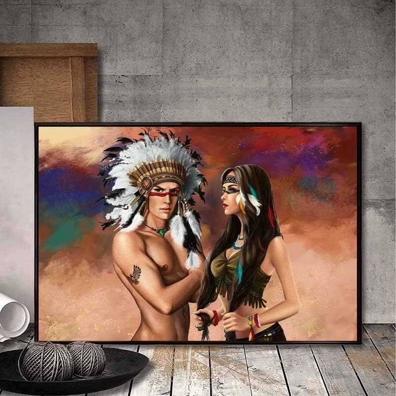 Mobaak Домородно -американско платно Wallидна уметност Индиска жена и маж постер началник на домородните американски двојки lубовници платно