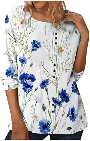 Кратка кошула женски тркалезен врат најмеки со копчиња врвови памучни пролетни обични боксови се вклопуваат со долги ракави цветни цвеќиња