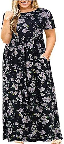 Womenените плус големина макси фустан цветен принт со краток ракав фустан дами летни обични плетени бохо долги вртежи фустани со џеб