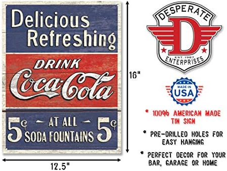 Очајни претпријатија Кока -Кола Вкусен 5 центи знак за калај - носталгичен гроздобер метален wallиден декор - направен во САД