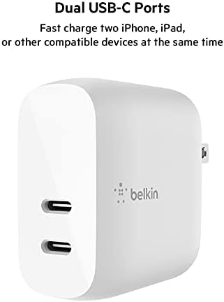 Belkin 40W USB Type C PD Wallиден полнач за iPhone со вклучен кабел C до молња, двојни USB-C порти за 20W по порта Брза испорака за испорака
