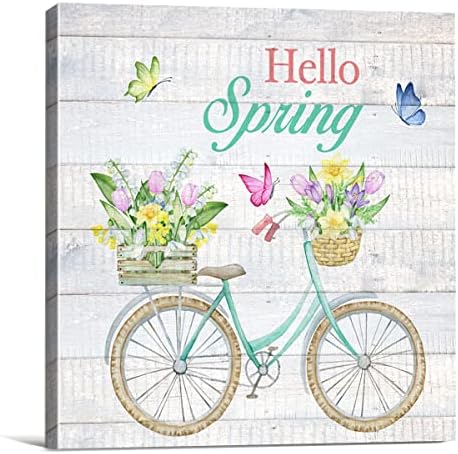 Земја здраво пролетна велосипед фарма куќа платно печатење wallиден декор велосипед со цвеќиња пролетно знак за сликање постер