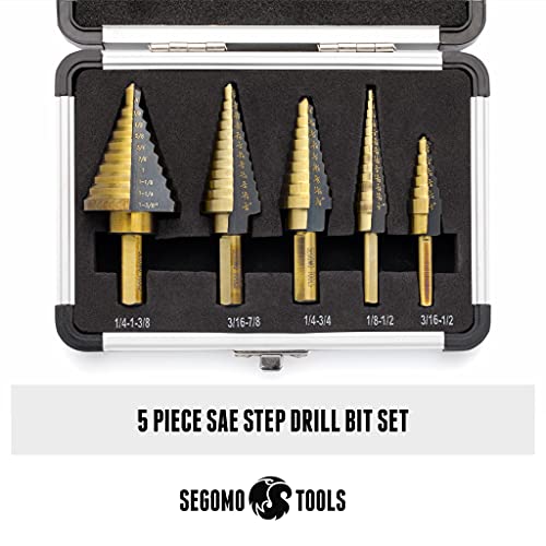 Segomo Tools 5 PIECE SAE повеќекратна дупка 50 големини HSS чекор вежба бит поставен со алуминиумски случај | Зачекори вежба за вежбање |