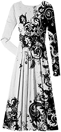 Фустан со долг ракав на Nokmopo за жени секси моден обичен печатен печатен врат пулвер со долг ракав фустан