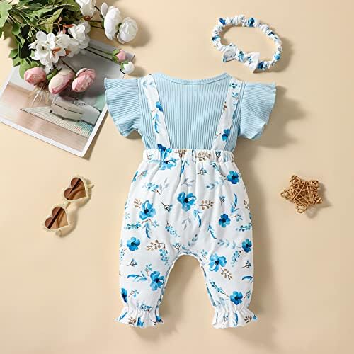 Rosebear бебе девојче облека ромпер џемпери, кратки ракави со кратки ракави, цветни суспендирани панталони, лента за глава лето новороденче