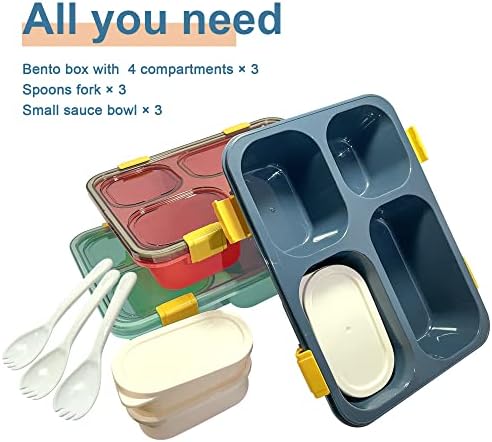 Gamion Bento Box, кутија за ручек поставена за деца и возрасни и 3 мулти -прегради со лажици со контејнери со сос, отпорен и микробранова